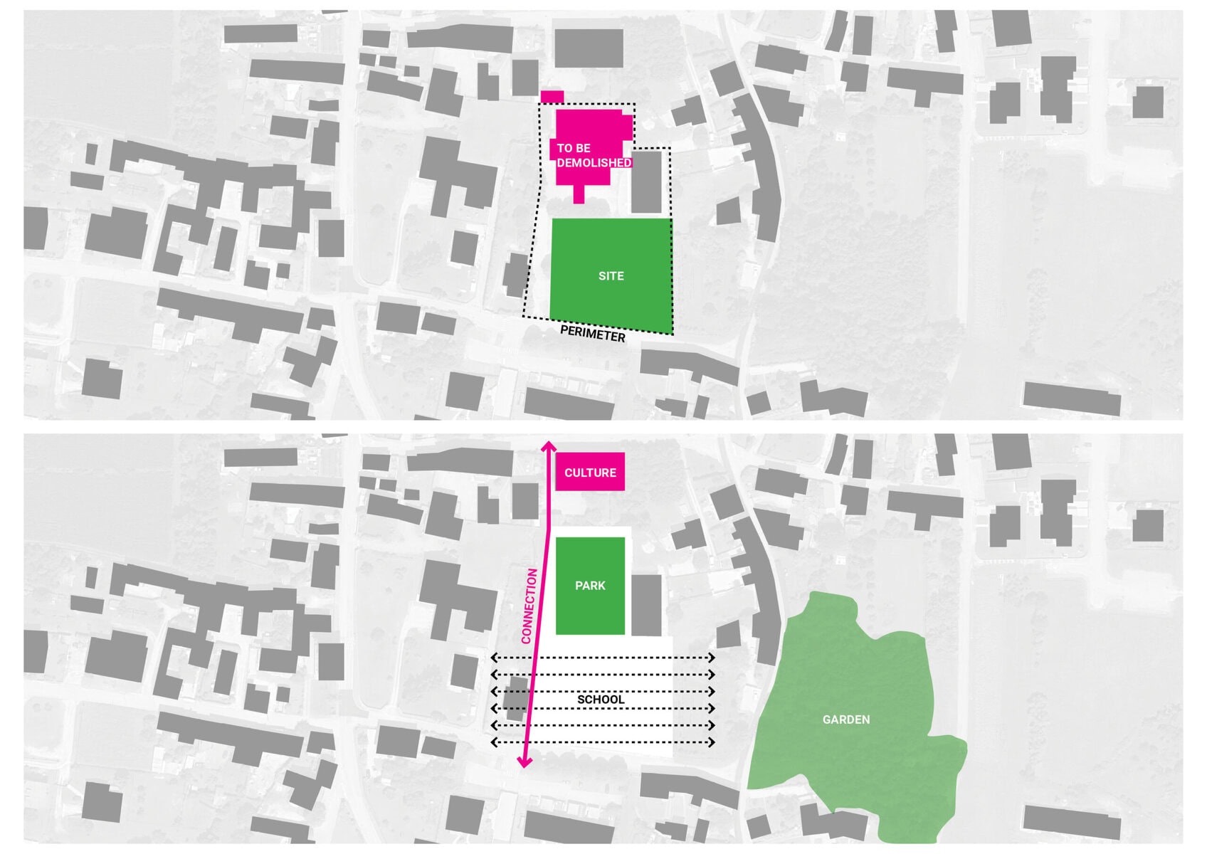 VIVARO site diagrams showing the school in relation to surrounding streets and open space
