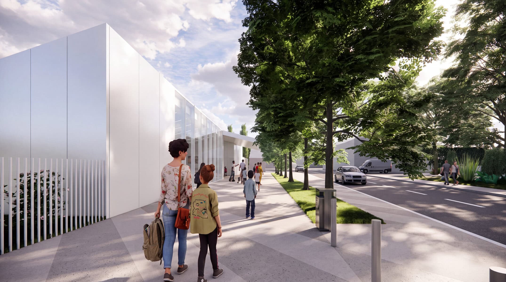 Street view of VIVARO showing the proposed white metallic cladding in its neighbourhood